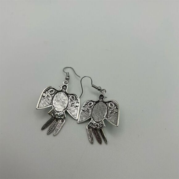 Southwestern Thunderbird Faux Turquoise Long Dangle Earrings Silver Tone - Picture 3 of 5